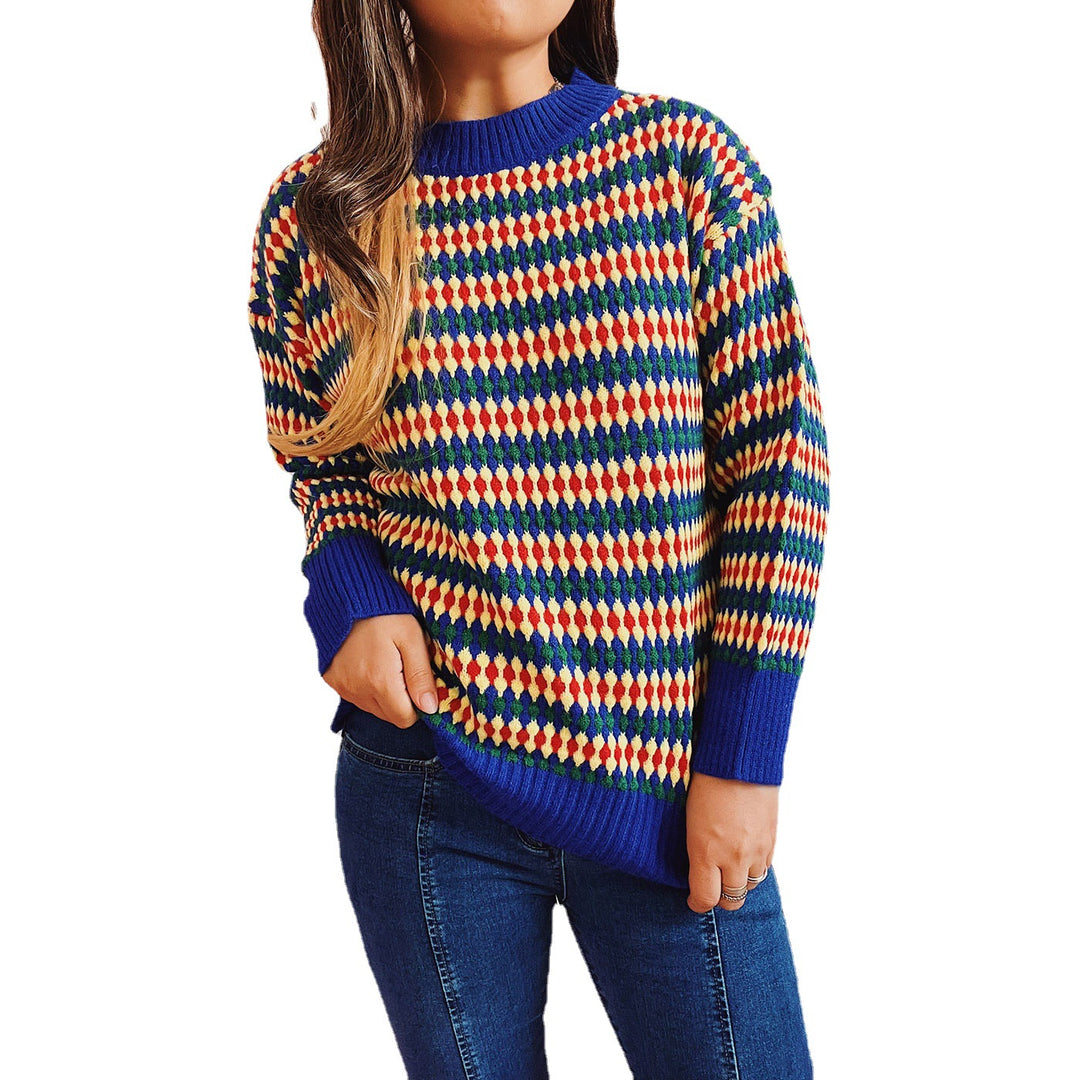 Damen lässiger Strickpullover mit buntem Rautenmuster und Rundhalsausschnitt Drune