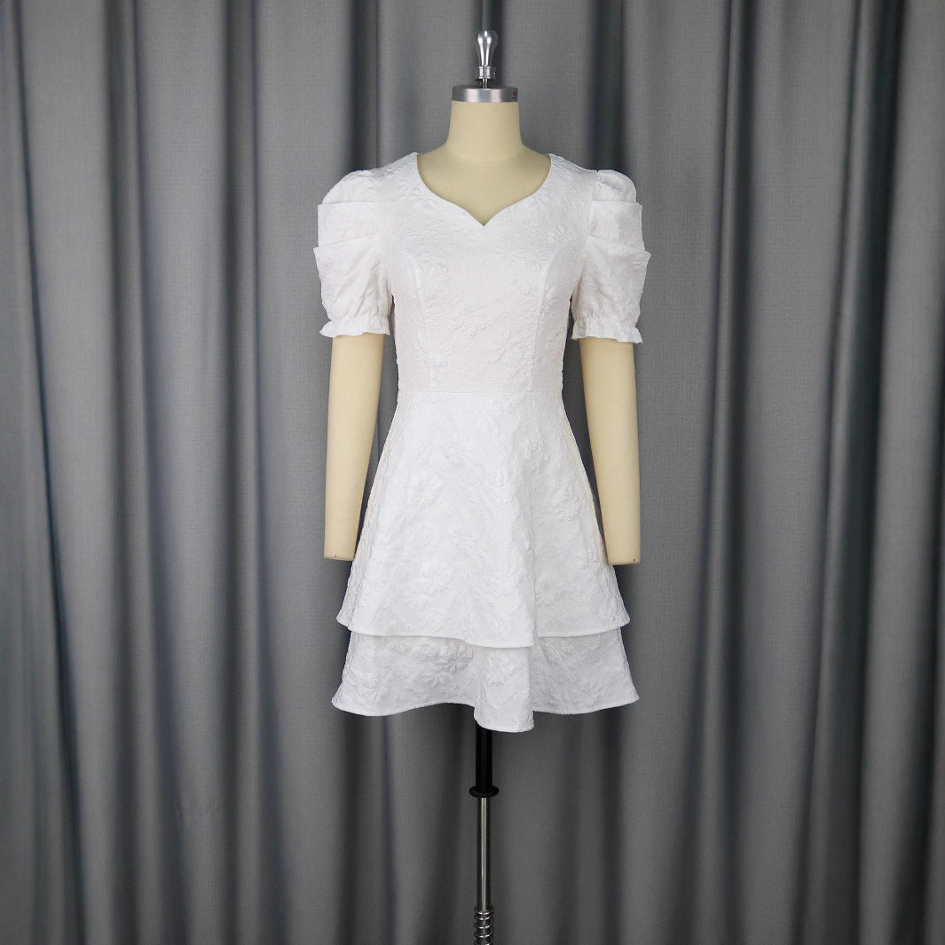 Damen romantisches Kurzarmkleid mit gestuftem Rock Drune