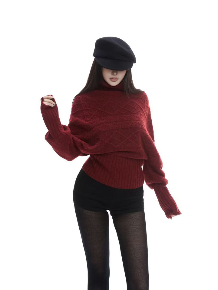 Damen Grobstrickpullover mit hohem Kragen und dekorativem Kabelmuster Drune