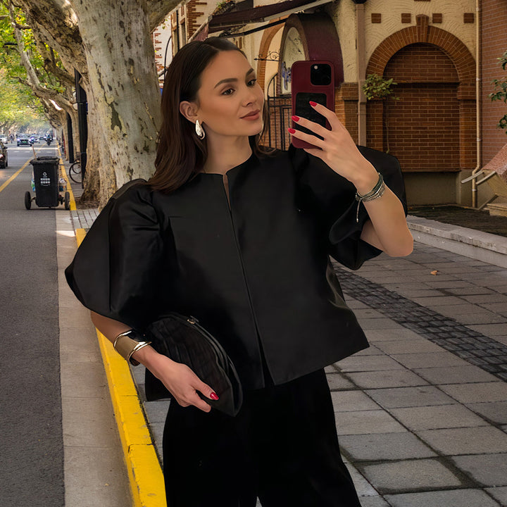 Damen Elegantes Midikleid mit strukturiertem Oberteil und voluminösen Ärmeln Drune