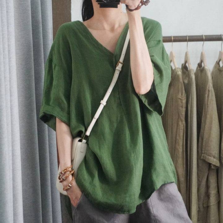 Damen Oversized Leinen-T-Shirt mit V-Ausschnitt und lässigem Schnitt Drune