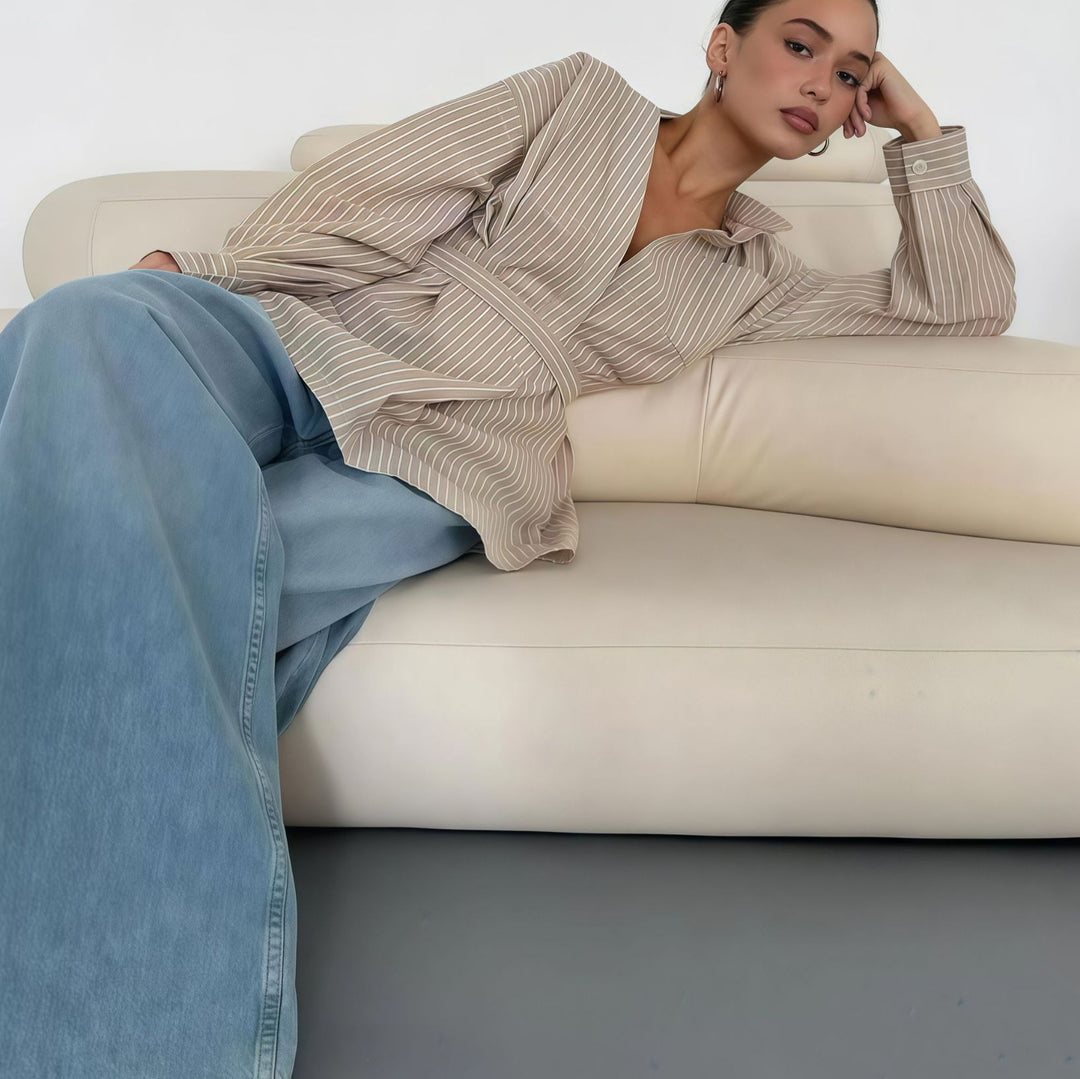 Damen elegante Bluse mit tailliertem Schnitt und Gürtel Drune