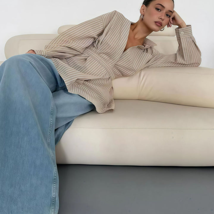 Damen elegante Bluse mit tailliertem Schnitt und Gürtel Drune