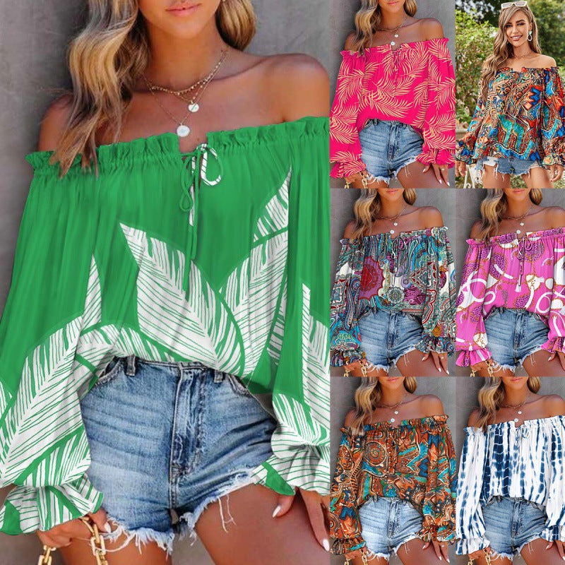 Damen Off-Shoulder Bluse mit buntem Muster und elastischem Saum Drune