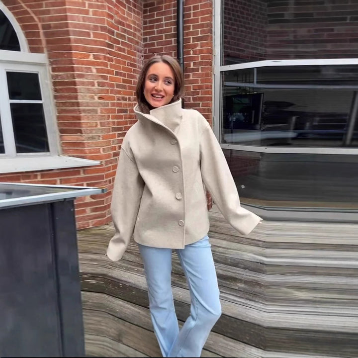 Damen Oversized Wolljacke mit hohem Kragen und doppelter Knopfleiste Drune