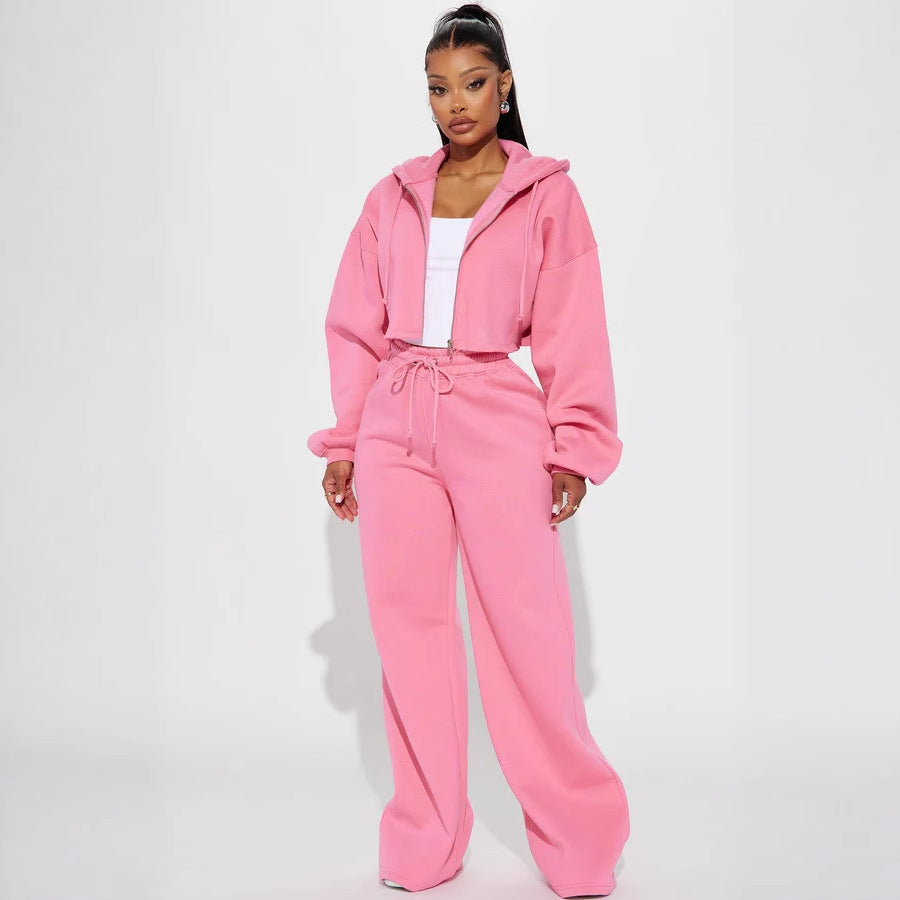 Damen Cropped Fleece-Hoodie und weite Hose Set Drune