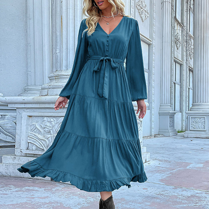 Damen Maxikleid mit eleganter Wickeloptik und voluminösen Ärmeln Drune