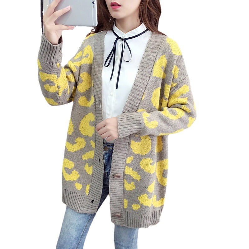Damen Großer Strickcardigan mit Leopardenmuster und Knopfdetails Drune