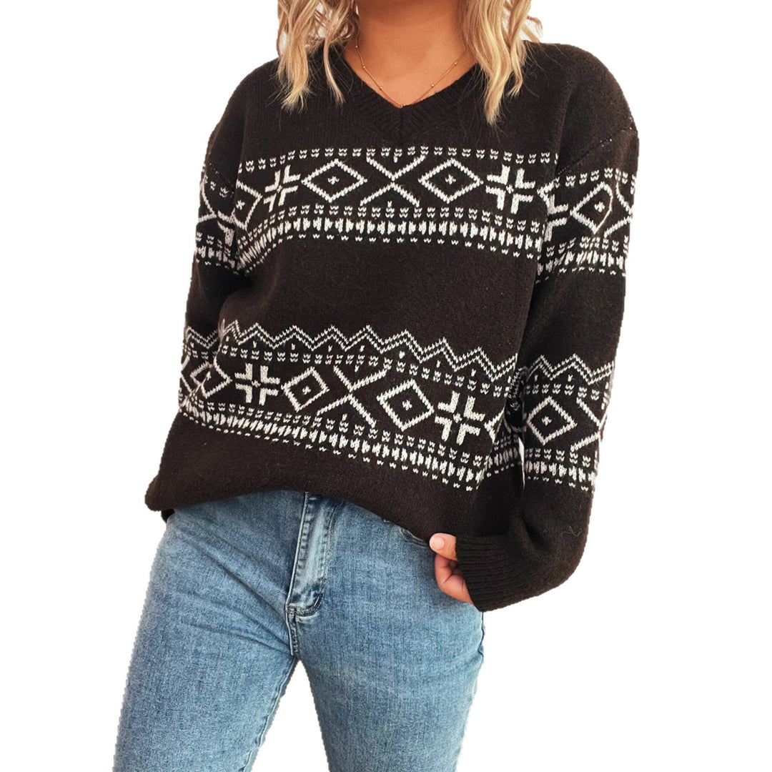 Damen V-Ausschnitt Pullover mit skandinavischem Muster und lockerer Passform Drune