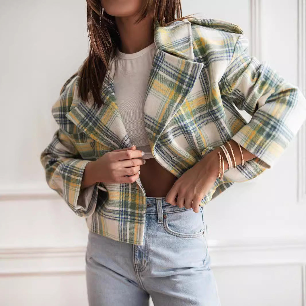 Damen Kurzjacke mit kariertem Muster und weichem Fleece Drune