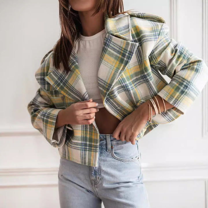 Damen Kurzjacke mit kariertem Muster und weichem Fleece Drune