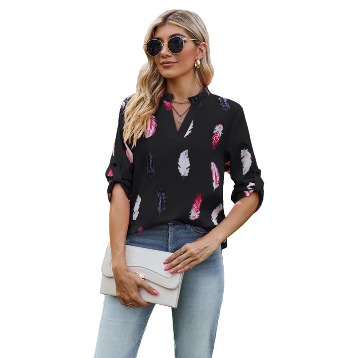 Damen Bluse mit eleganten Federmuster und halben Ärmeln Drune