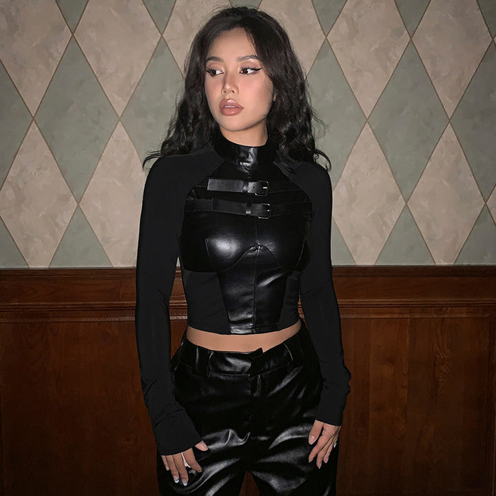 Damen trendiges Kunstledercrop-Top mit verstellbaren Schnallen Drune