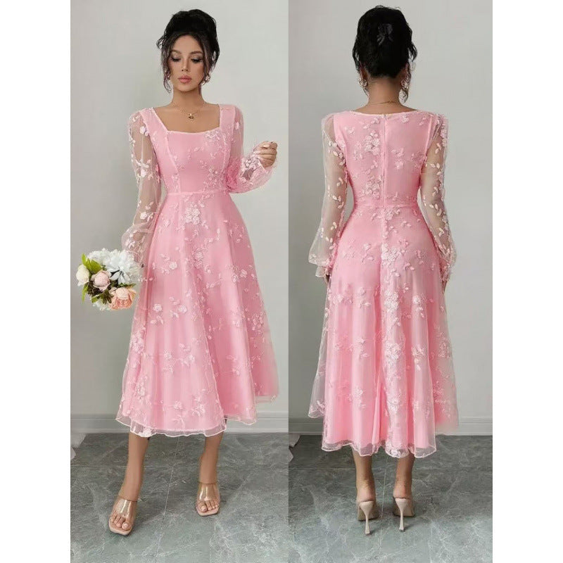 Damen Midi-Kleid mit floralen Spitzenärmeln und schwingendem Saum Drune
