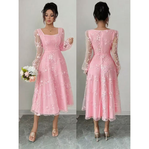 Damen Midi-Kleid mit floralen Spitzenärmeln und schwingendem Saum Drune