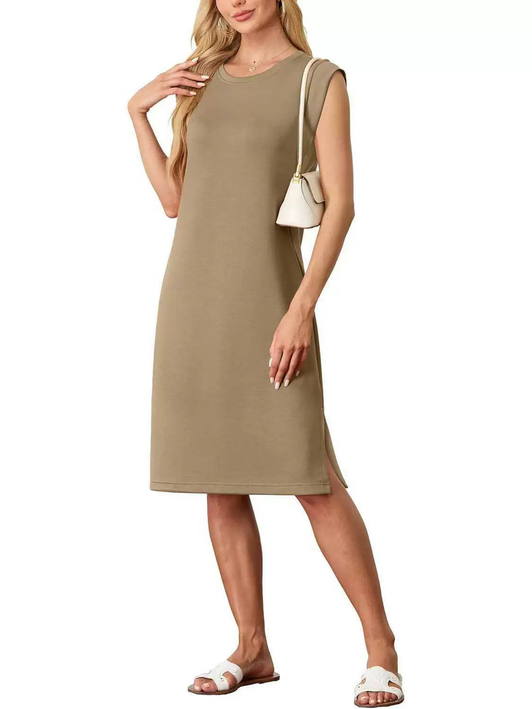 Damen Freizeitkleid mit eleganten Seitenschlitzen und Rundhalsausschnitt Drune