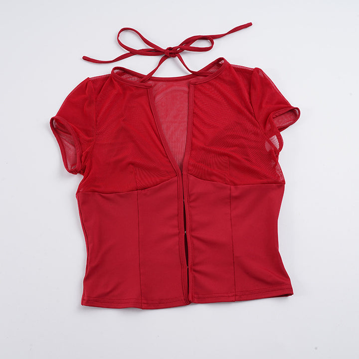 Damen Mesh-Oberteil mit dekorativem Bindeband Drune