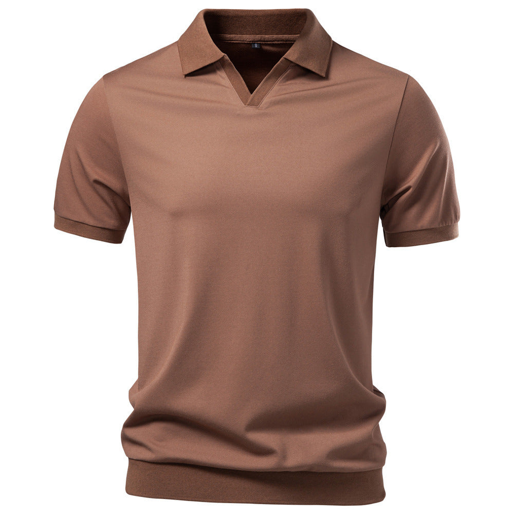 Herren nan feinstrickiges Kurzarm-Poloshirt mit offenem V-Kragen und elastischem Saum Drune