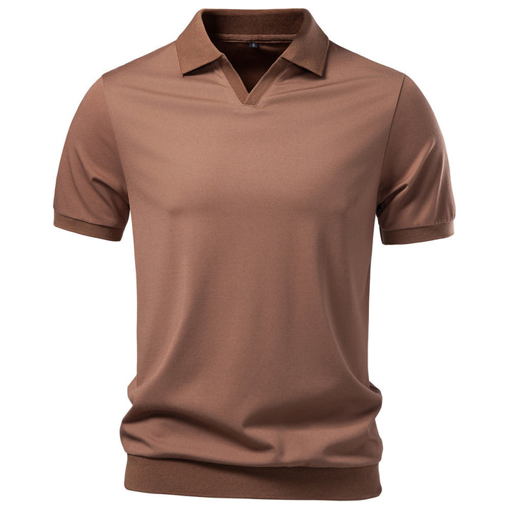 Herren nan feinstrickiges Kurzarm-Poloshirt mit offenem V-Kragen und elastischem Saum Drune