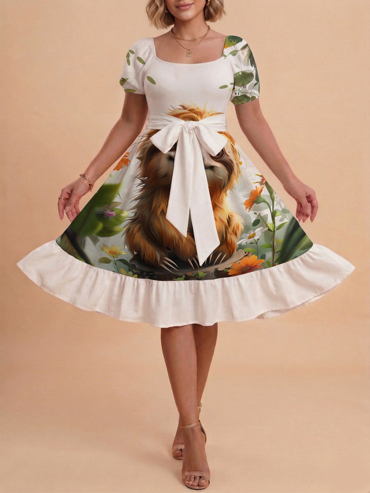 Damen Sommerliches Blumenkleid mit taillierbarem Gürtel und voluminösen Ärmeln Drune