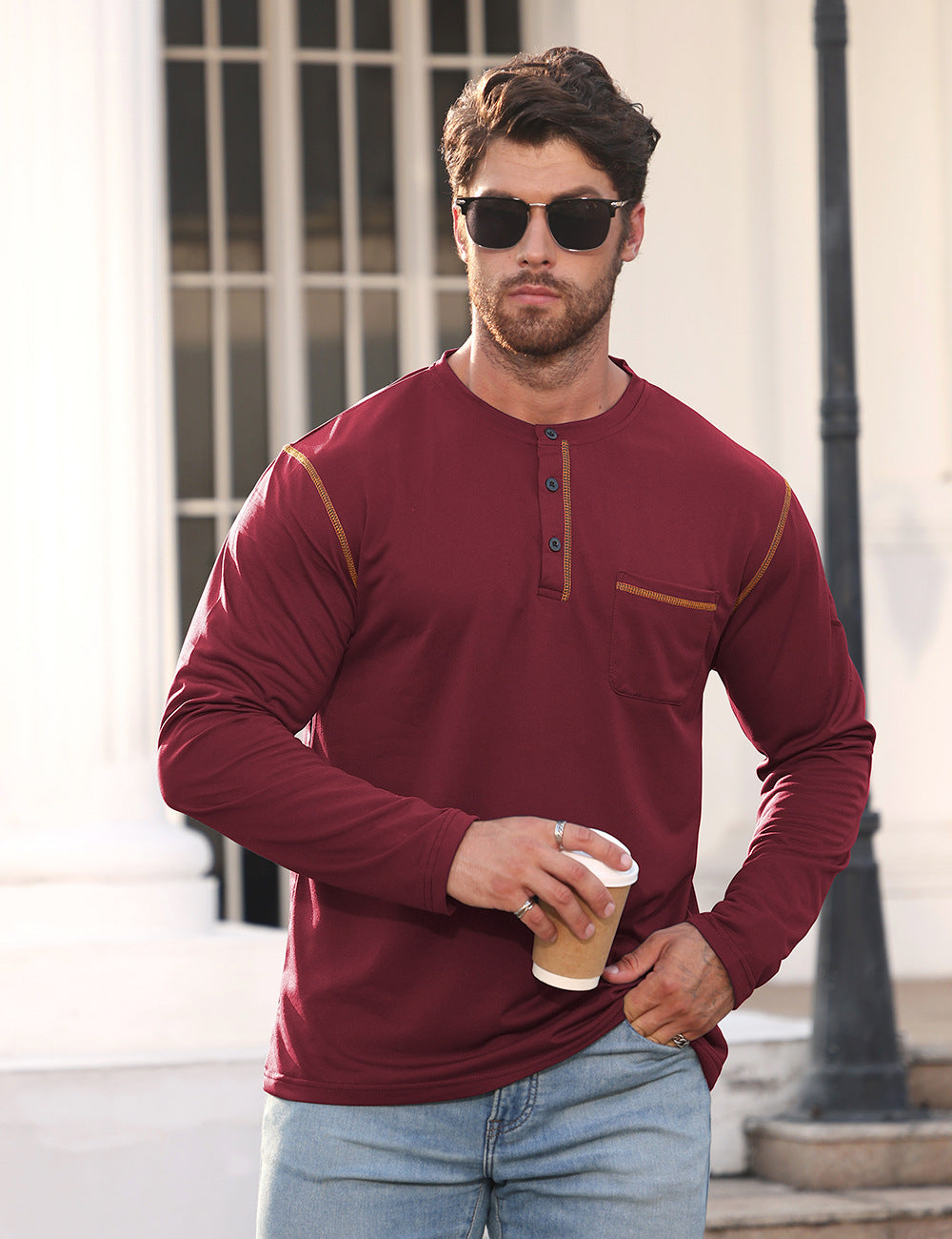 Herren Langarmshirt mit Knopfleiste und Brusttasche Drune
