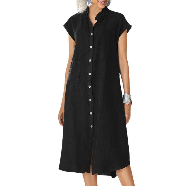 Damen lässiges Midi-Hemdkleid aus Leinen mit Knopfleiste und seitlichen Taschen Drune