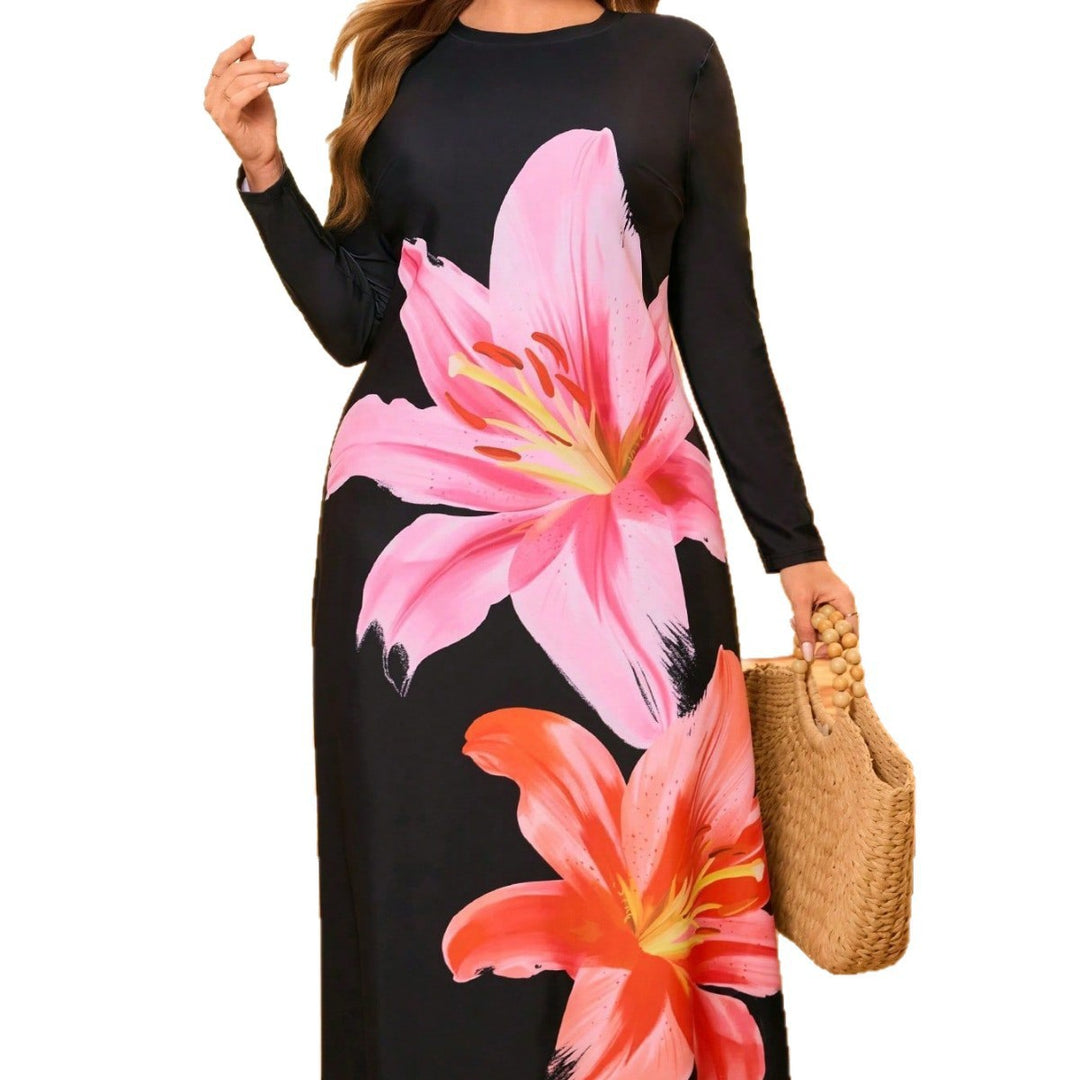 Damen Maxi-Kleid mit langem Arm und floralem Motiv Drune