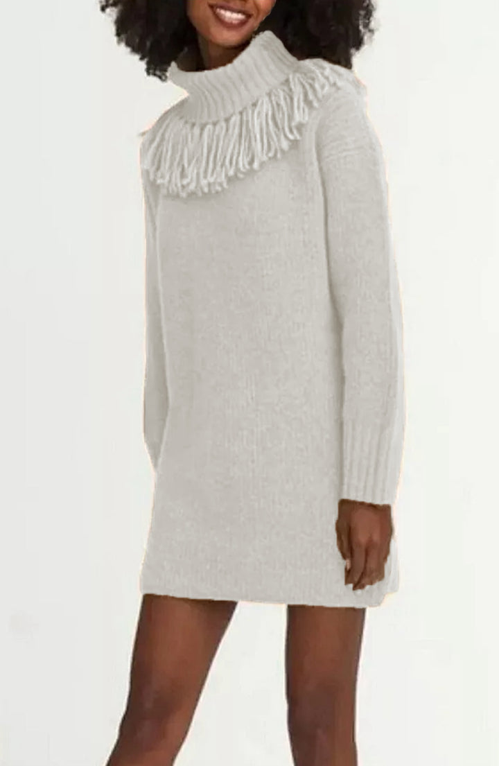 Damen Strickkleid mit hohem Rollkragen und modischen Fransen Drune