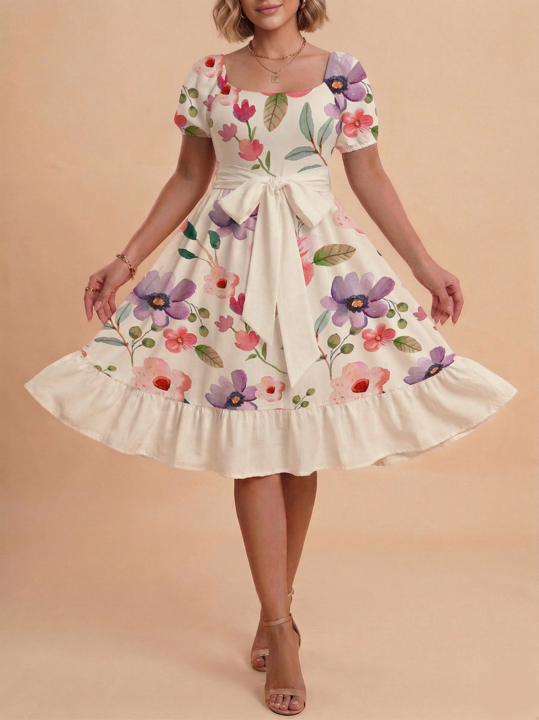 Damen elegantes Maxikleid mit floralem Design und Taillengürtel Drune