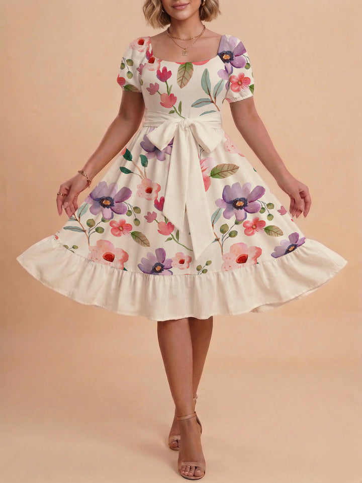 Damen elegantes Maxikleid mit floralem Design und Taillengürtel Drune