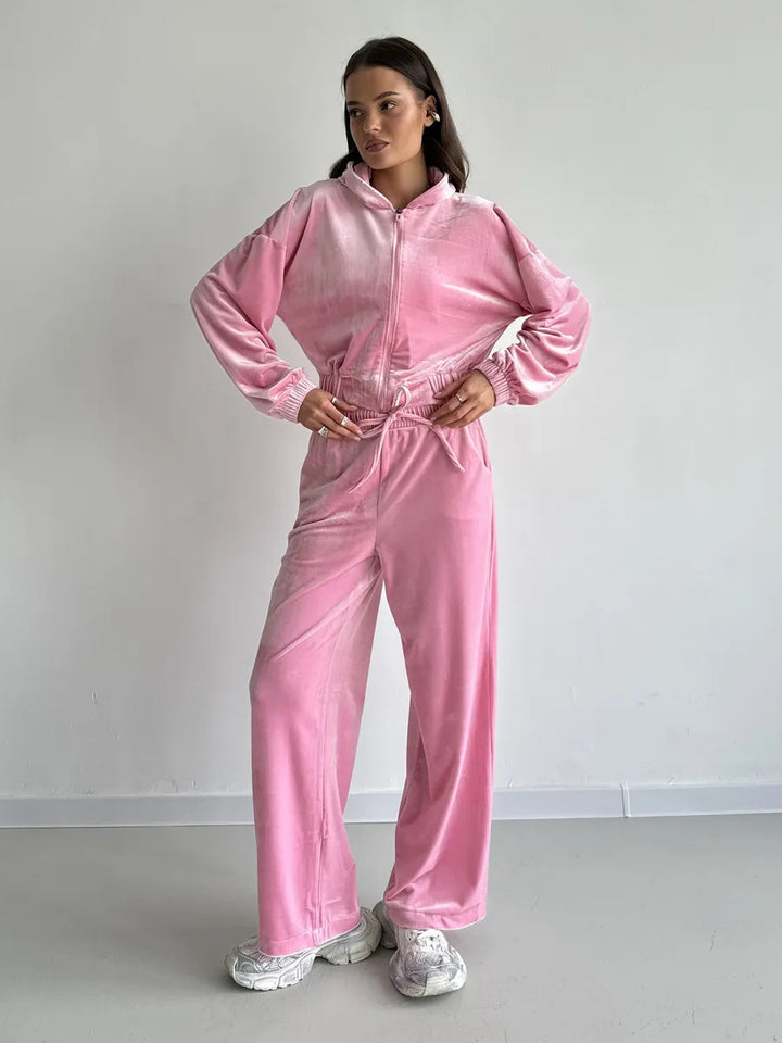Damen Velours Sportanzug mit hoher Taille und cropped Jacke Drune