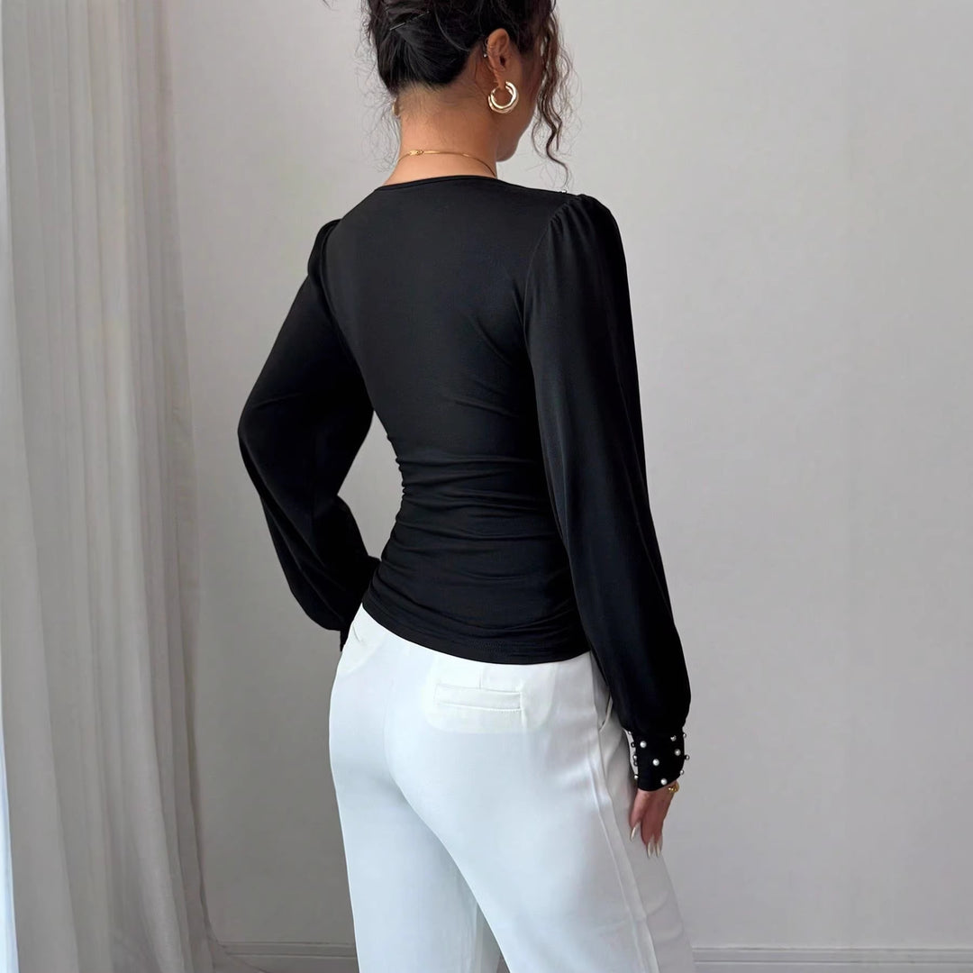 Damen elegantes Blusenshirt mit V-Ausschnitt und Verzierung Drune
