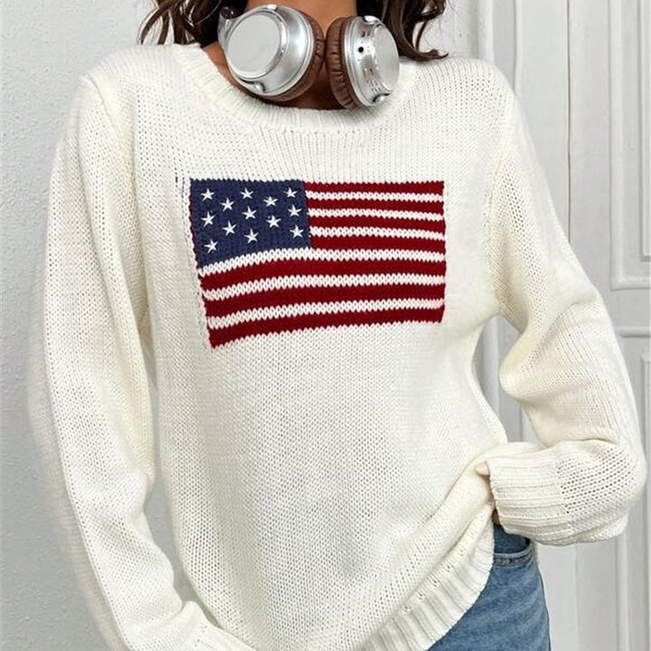 Damen lässiger Crop-Pullover mit Flaggenmuster und strukturiertem Strick Drune