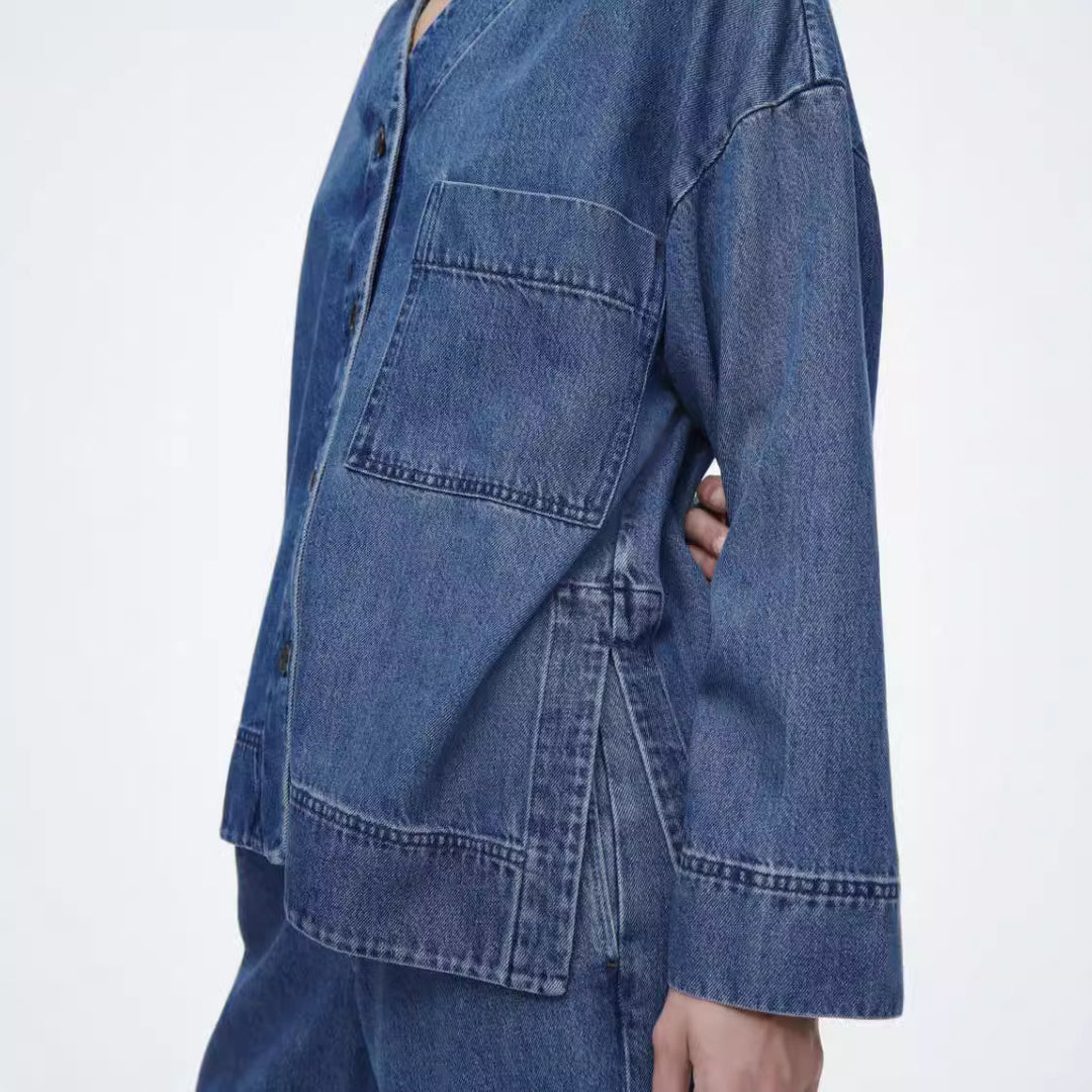Damen lässiges Denim-Jacket-Hosen-Set mit Übergrößen Drune