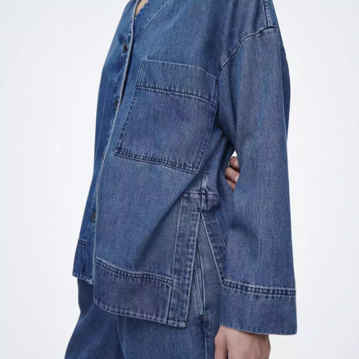 Damen lässiges Denim-Jacket-Hosen-Set mit Übergrößen Drune