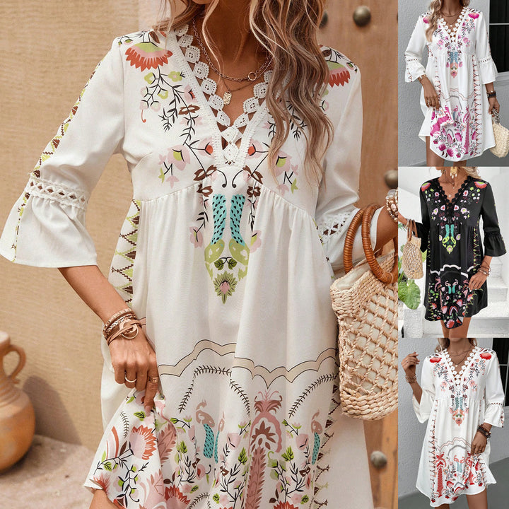 Damen Boho-inspiriertes Kleid mit Spitzen-Details und floralem Muster Drune