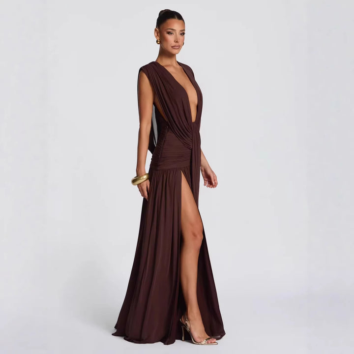 Damen Elegantes tief ausgeschnittenes Abendkleid mit Raffung Drune