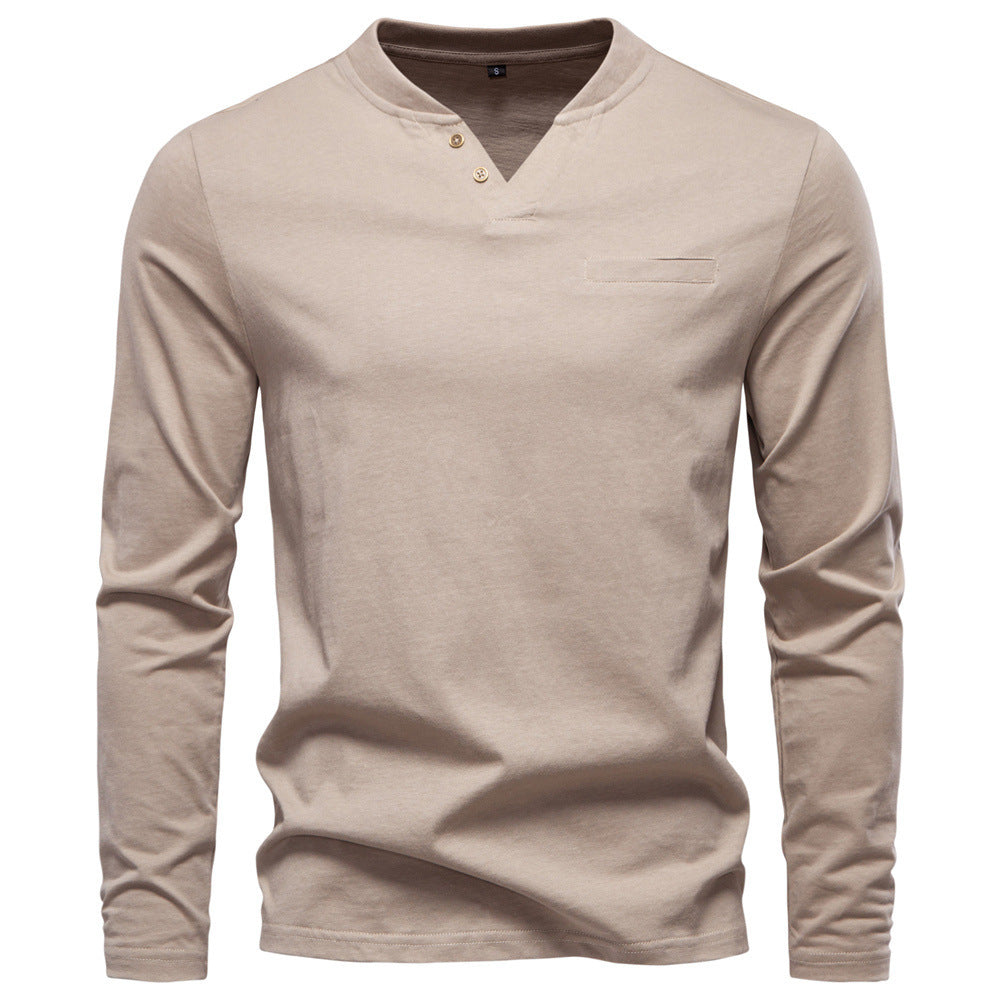 Herren nan tailliertes Langarmshirt im Henley-Stil mit kurzem V-Ausschnitt, Zierknöpfen und Brustleistentasche Drune