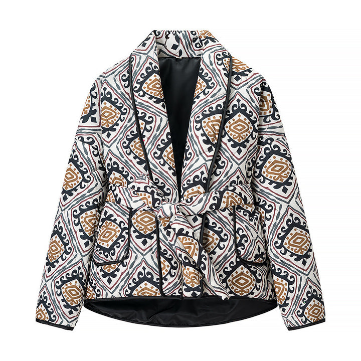 Damen Modische Blazerjacke mit Gürtel und auffälligem Muster Drune
