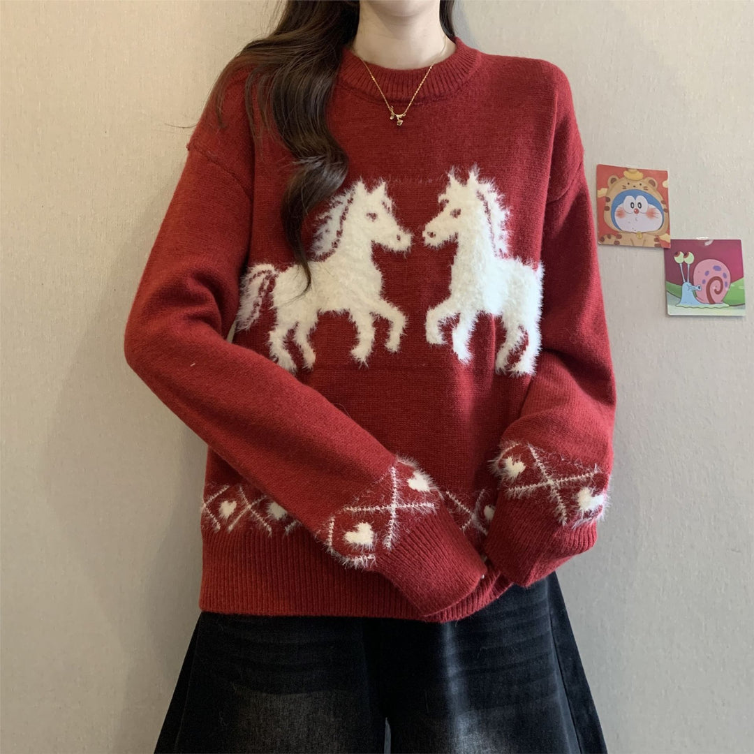 Damen kuscheliger Pullover mit Einhorn-Muster Drune