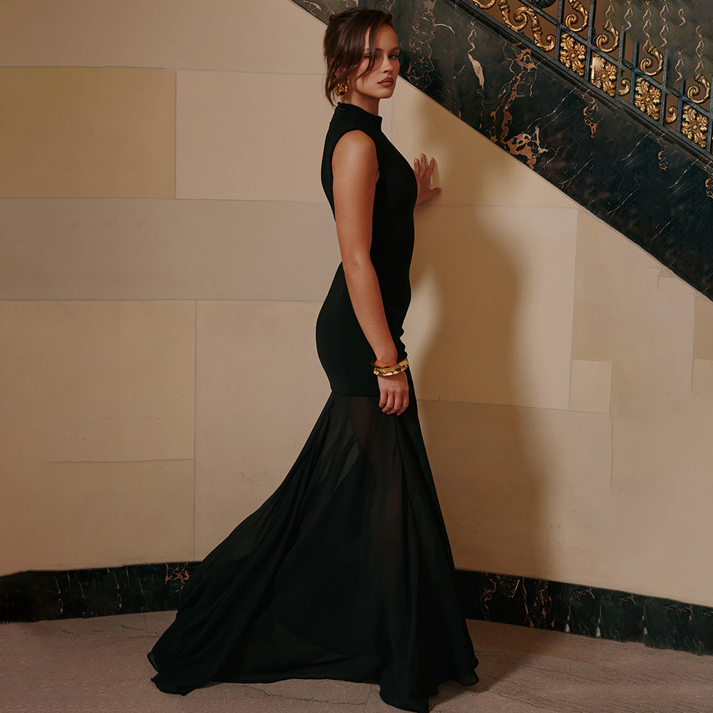 Damen Elegantes Maxikleid mit tiefem V-Ausschnitt und transparenter Tüllschicht Drune
