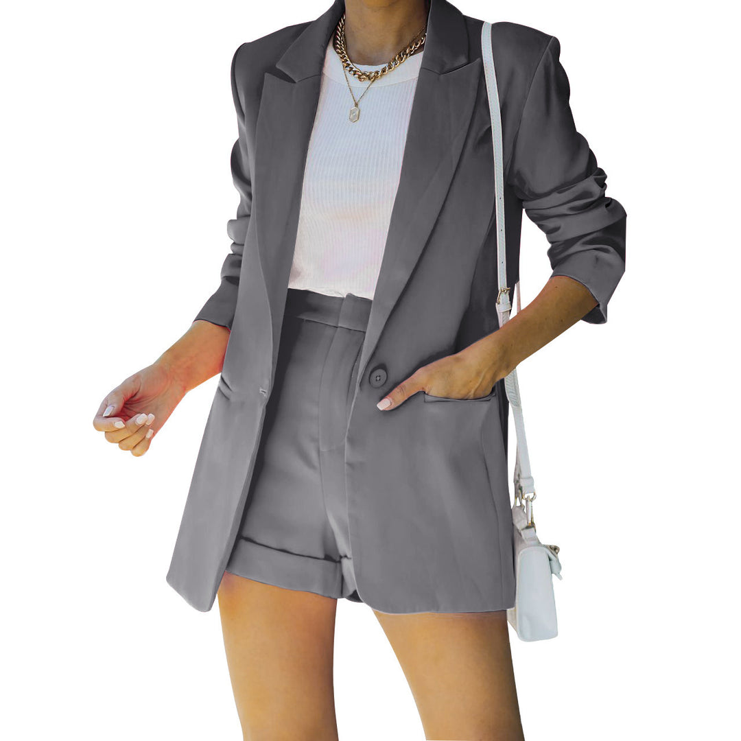 Damen nan figurbetontes Longblazer- und High-Waist-Shorts-Set mit überschnittenen Schultern und aufgesetzten Taschen Drune