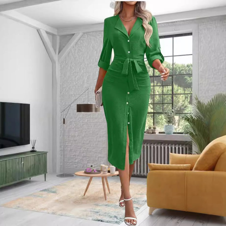 Damen Knielanges Kleid mit Knopfverschluss und Taillengürtel Drune