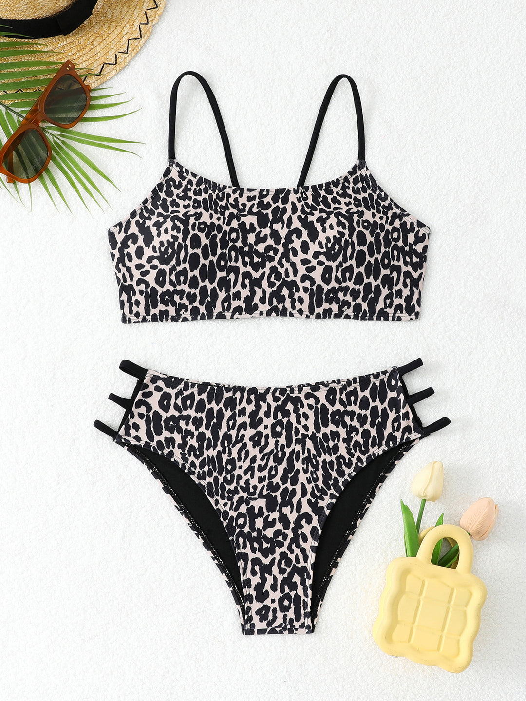 Damen Leopardenmuster Bikini-Set mit sportlichen Details Drune