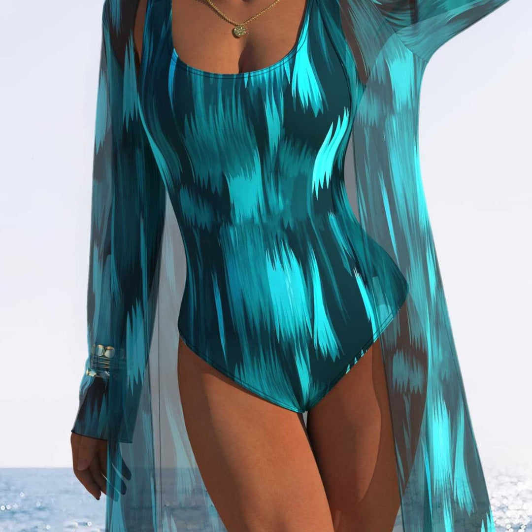 Damen Einteiliger Schwimmanzug mit transparentem Überwurf und modernem Wellenmuster Drune