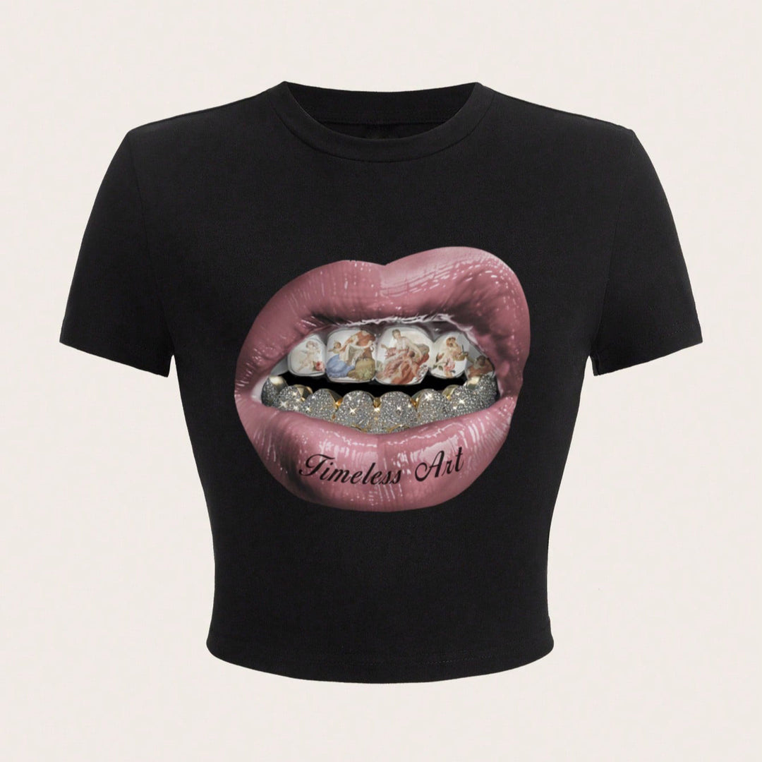 Damen Crop-T-Shirt mit kreativem Grafikdesign und einzigartigem Statement Drune