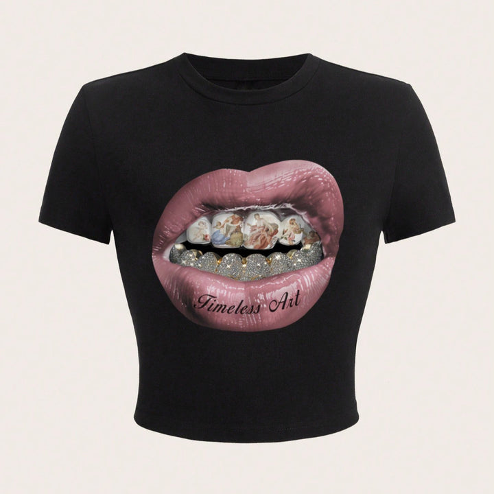Damen Crop-T-Shirt mit kreativem Grafikdesign und einzigartigem Statement Drune