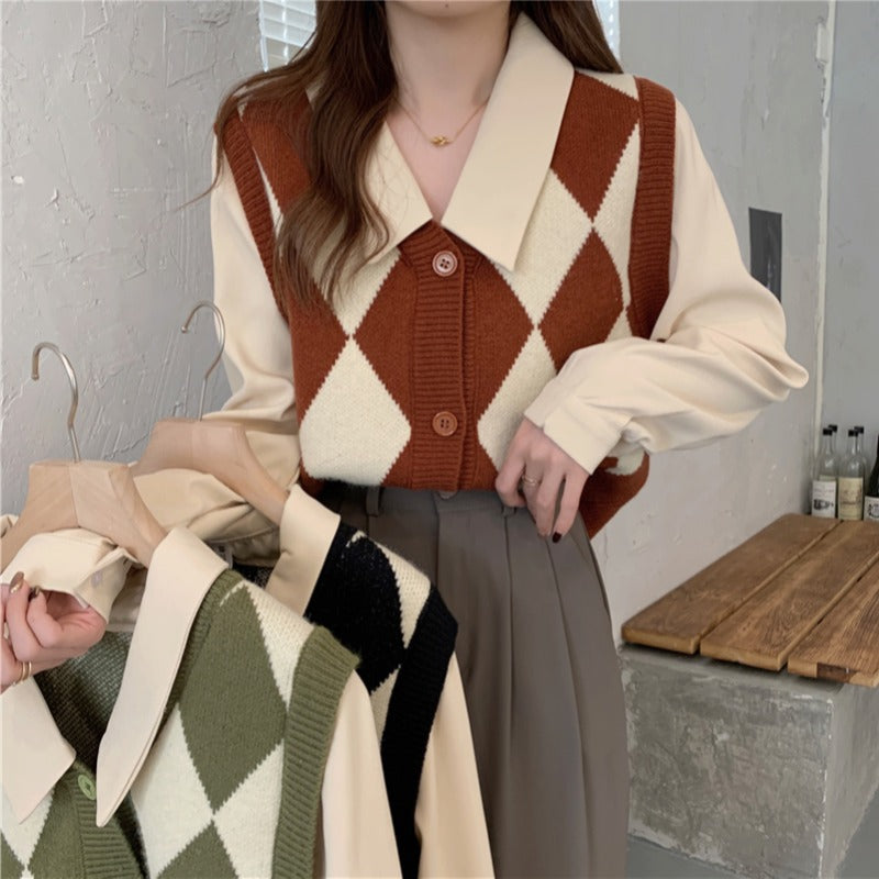 Damen Stilvolle Weste mit Rauten-Muster und Hemdkragen Drune