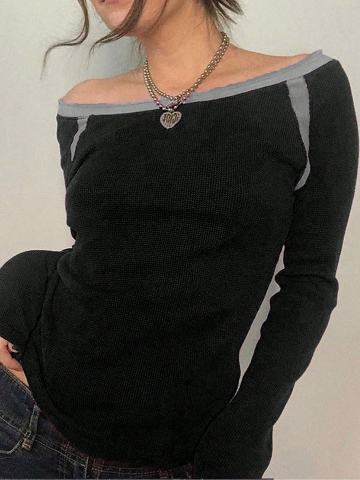 Damen lässiges Off-Shoulder Langarmoberteil mit Rippstruktur Drune