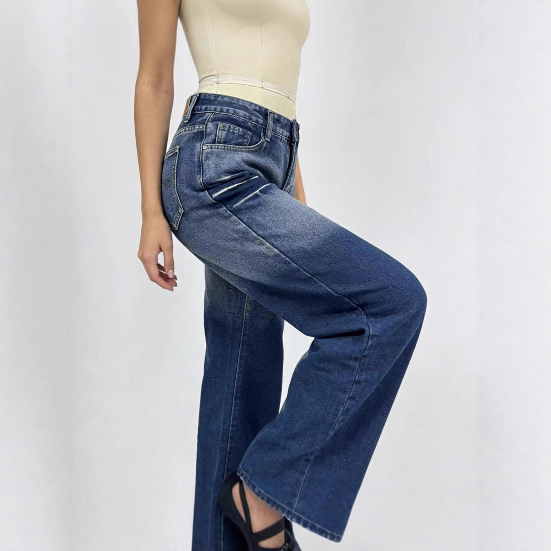 Damen weite hochgeschnittene Jeans mit besonderem Waschungseffekt Drune